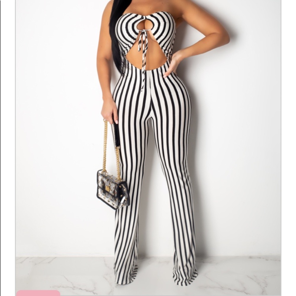 Striped Plunged Peep Hole Jumpsuit